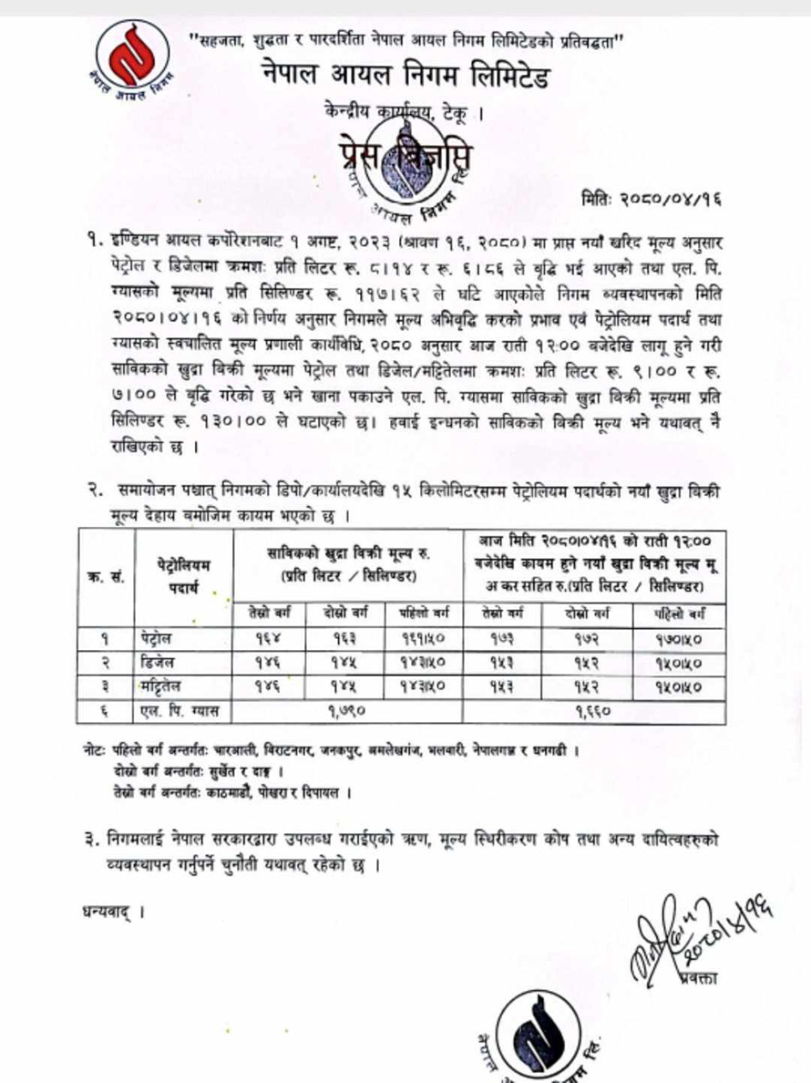 पेट्रोल र डिजलको मुल्य बढ्यो, एलपी ग्यासको घट्यो