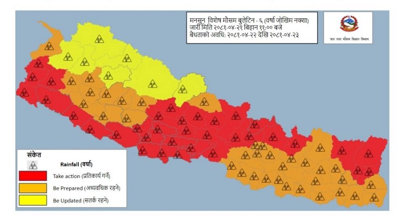 मनसुनको न्यून चापीय रेखा नेपालतर्फ सर्ने  : ३४ वटा जिल्लामा रेड अलर्ट जारी